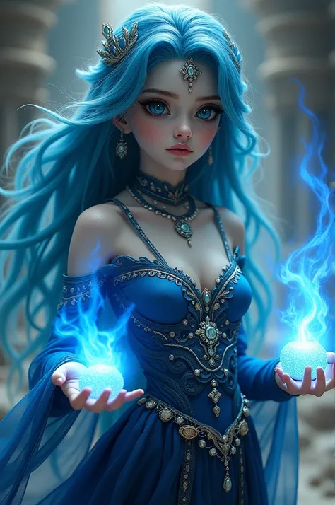 Generates the image of a white-skinned girl with blue hair at the tips and the color fades towards the roots, blue eyes with large curves and large breasts wearing a dark blue and white Arab dancer dress with various jewels with two balls of fire in her bl...