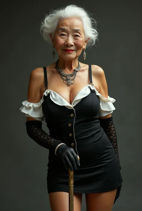 Japan 120 years old old woman aging elder elderly person aged face black sleeveless super mini dress with white collar from a female model in her 20s、Earrings、Chain Necklaces、Grandma wearing gold-tone strap stiletto heels and black lace gloves, leaning on ...