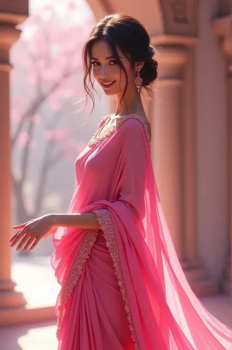 a woman in a pink sari smiles while holding her hands out, fanart, doing an elegant pose, dressed in a pink dress, pretty face!!, maya ali, candid picture, wearing a pink ballroom gown, with an elegant smile, wearing pink floral gown, with a cool pose, * c...