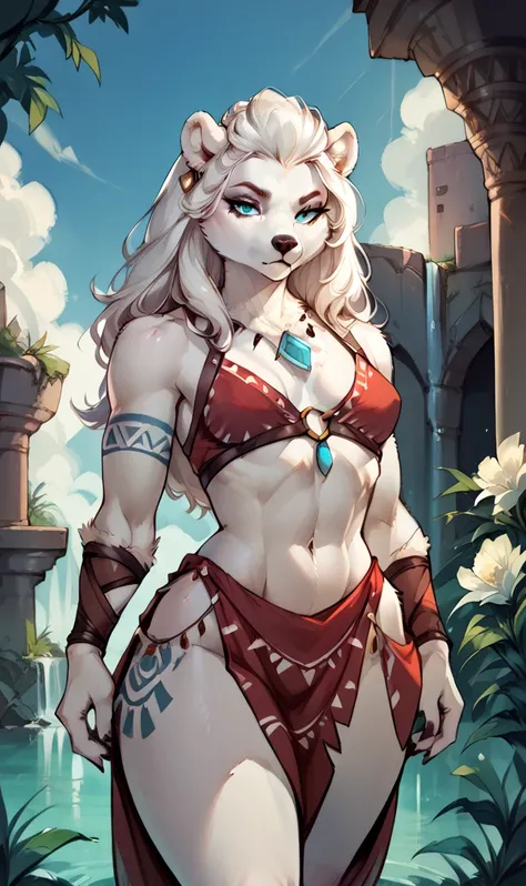 anthropomorphic, (polar bear), feminine, beautiful, attractive, tribal clothing, shapely body, fur, large, sensual, attentive eyes, (serious expression), appropriate scenery, (great lighting), (masterpiece), (best quality), (random view)