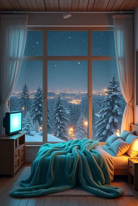 A cozy loft bedroom with a plush teal blanket on the bed, a TV playing cartoons, and a view of a snowy city night through large windows. The room is illuminated by warm lighting, creating a relaxing and inviting atmosphere. [Digital art, photorealistic, so...