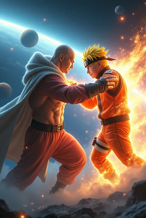 Naruto vs saitama fight in space with powerful hormour 
