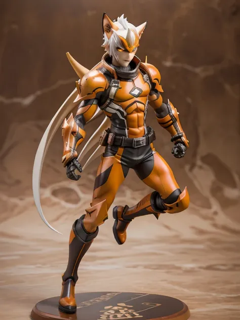 ((best quality)), ((masterpiece)), (detailed), 1 man, full body, 5, senior citizen, masked, eye mask, orange mask that covers half of his face, spiked mask, evil smile, metal goblin ears, gremlin, yellow cat eyes, white hair sticking out of the top, mohawk...