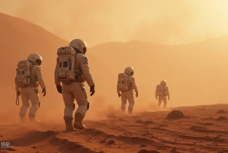 Mars desert, reddish brown desert, people in space suits investigating something, dust, poor visibility, storm approaching, automated record photo of survey team, “0908, daily” written at edge of screen, ((masterpiece, Highest quality, Best image quality, ...