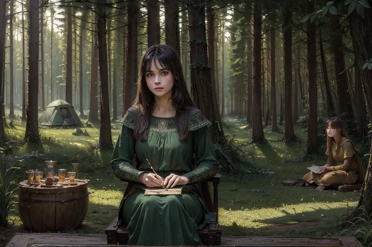 (((masterpiece, high quality, high detail, John William Waterhouse painting))), green mages tribe in dark green forest, yurts and camp. A blonde girl mage alone sit near bonefire.