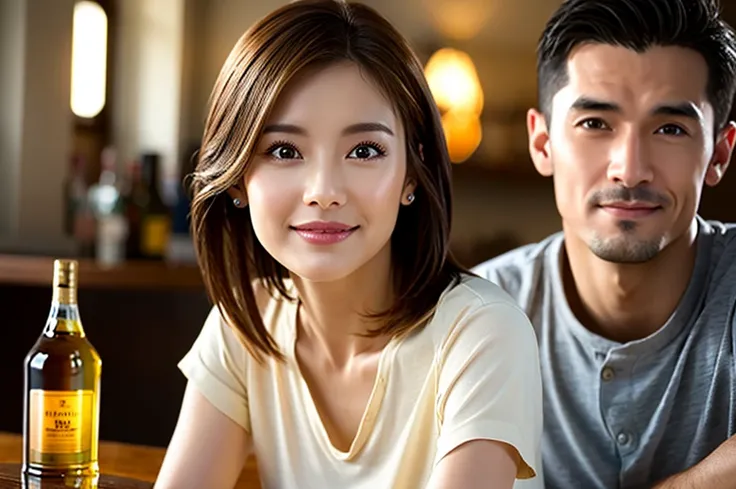 (Realistic, 超Realistic:1.4), 16k hdr, High resolution,Brown short hair,The best smile、Japanese actress,Super Beauty(Like the real thing),Short sleeve dress,Whiskey bottles、The Macallan、Johnnie Walker、、Old Parr、whiskey、Suntory、Nikka、Slim Couple、Model Couple...