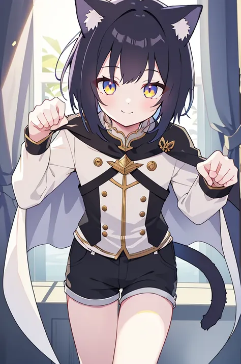 1 boy with black hair and cat ears, golden eyes, straight hair, short hair, shoulder length hair, cat tail, cute smile, cape, sh...