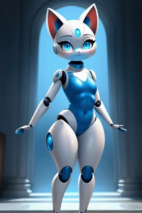 Slim little female robot kitty with nice big thighs and cute blue eyes and wearing a full body swimsuit.