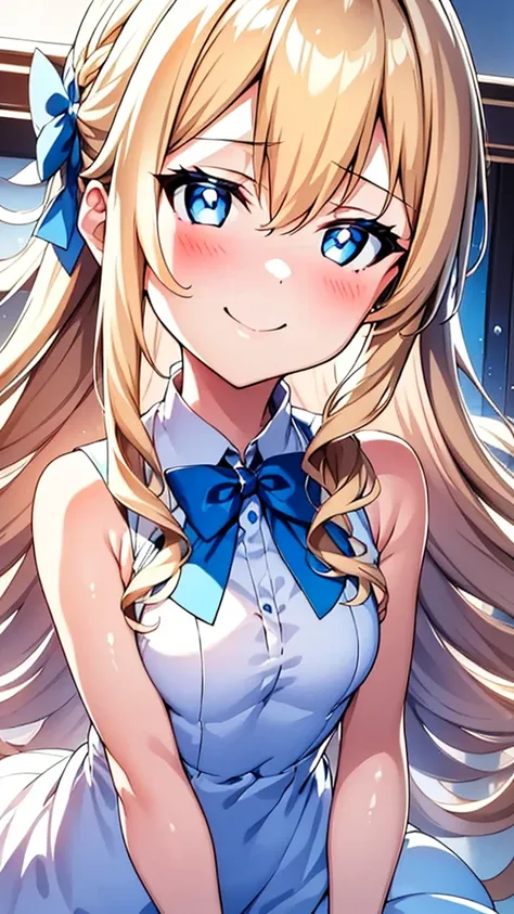 1 girl, blonde hair, blue eyes, white one-piece dress, blue bowtie, light blush, the most beautiful smile, curing smile, looking...