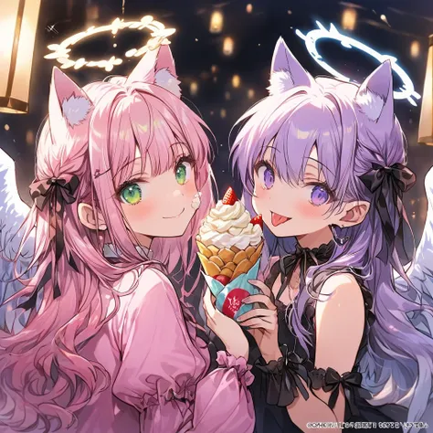 Two girls, the first one has pink shaggy hair, fox ears, purple eyes, angel halo and angel wings, is smiling happily with a crepe in her hand, and has whipped cream on her cheek, the other one has light purple low twin-tail hair, green eyes, a pink shirt w...