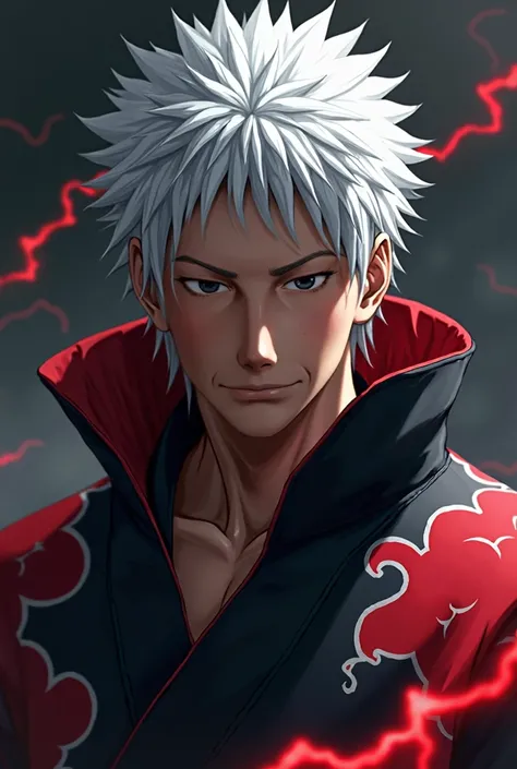 a breathtaking portrait of Jiraiya, the legendary ninja from the naruto universe, wearing the iconic Akatsuki robe, 1 man, detailed facial features, black eyes, chiseled jawline, intense gaze, white hair, Akatsuki robe with red cloud pattern, red lightning...