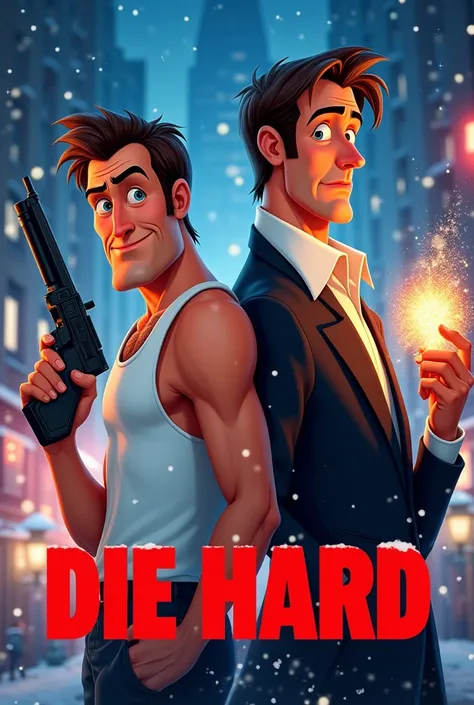 A vibrant, colorful movie poster that reimagines the classic action film "Die Hard" as a Disney animated production, featuring a whimsical title "Die Hard" in bright red, a brave and lovable hero John McClane with exaggerated features wearing a white tank ...