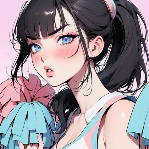 Girl, black hair, bangs, blue eyes, beautiful, cheerleader, pastel colors, face close-up, flat, ponytail, lipgloss, hot, lip fillers, foxy, angry, sexy, solo, sassy, pom-poms, blushing 