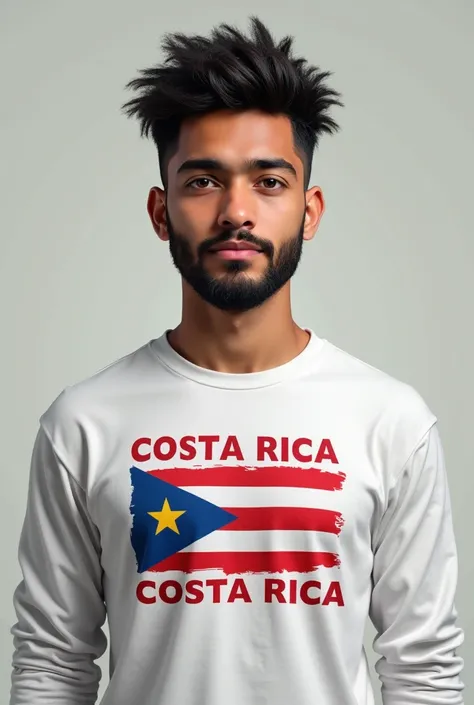 Make a teenager with a beard, White skin, black eyes, with a white long-sleeved shirt and the Costa Rican flag on the shirt(white, blue and red) with the phrase " pure life" in Spanish and black pants 