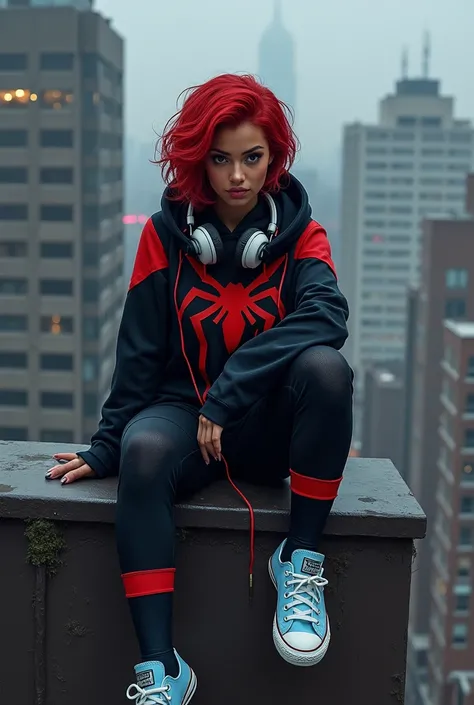  short red hair in spiderman outfit, Spider-Man&#39;s costume is black and red, He has a hood and she wears a mask that only covers her eyes, She has headphones resting on her neck and her skin is dark, Hair is wavy, she is 18, wears light blue ALL Star sn...