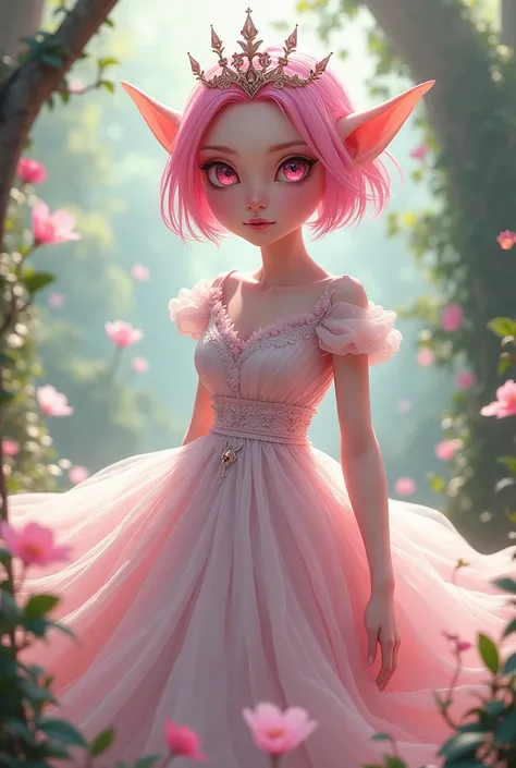  giant elf with short pink hair and pink eyes, with a beautiful dress and crown and that she is barefoot, that it is a drawing style like manga, that doesn&#39;t look like a real woman 