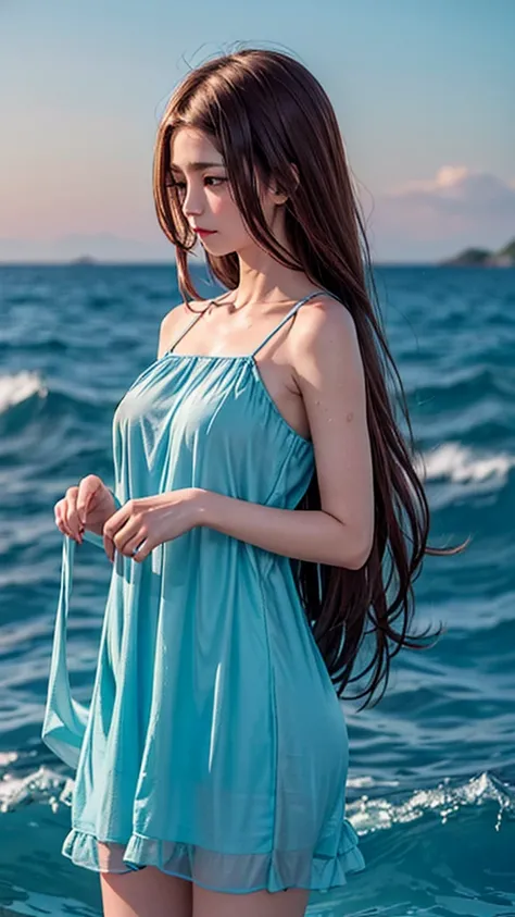 (masterpiece, best quality), ((1 Girl, Solitary, Long hair)), Ishmael_edge, Expressing Innocence, bare arm, Bare shoulders, Bare neck, watercolor, Sundress, Liquid Clothes, water, wave, water dress, blue_theme, night, mist, dark, Clear focus, Ocean, Transp...