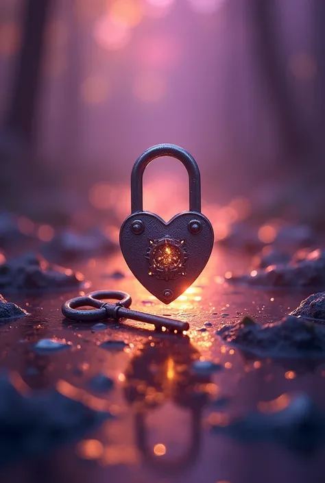 Key in front of a heart-shaped padlock on a shimmering, shiny background, image with color palettes varying in different shades of purple and gold Written "the lost key" in the image as if it were the cover of an album 