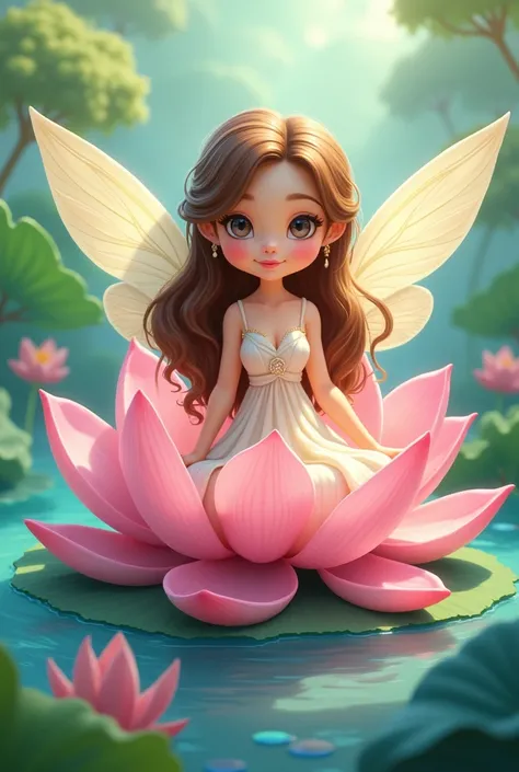 
A fairy with long brown hair, light eyes and white skin; sitting on a lotus flower cartoon style 