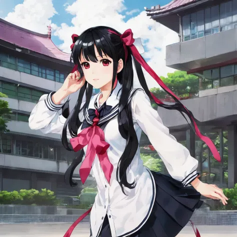 (High resolution, 8k, best quality, masterpiece, ultra detailed), anatomically correct, anime, 1girl, very long low twintails, red ribbon, very long low pigtails, black hair, serafuku, black sailor collar, white blouse, pink neckerchief, school, from front