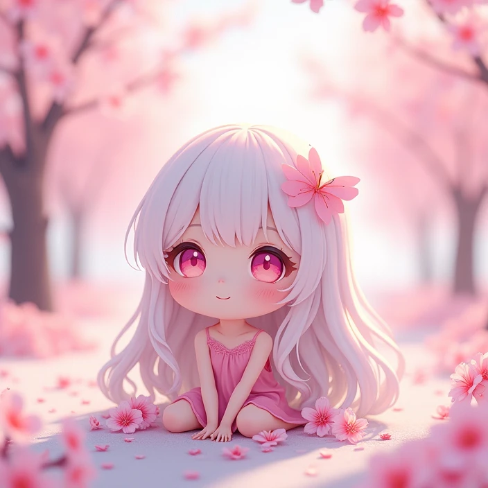 One girl、Cherry blossom scenery、Fluffy atmosphere、high resolution、8k、Long Hair、White hair with a hint of pink、Pastel light pink eyes、She is wearing a light pink camisole、Chibi Character、Sitting