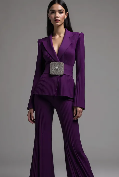 Fashionable woman figure with wide pleated flared trousers in dark violet, with a deep neckline blazer closed with a wide belt in the same color as the pants with a large square buckle with shiny crystals