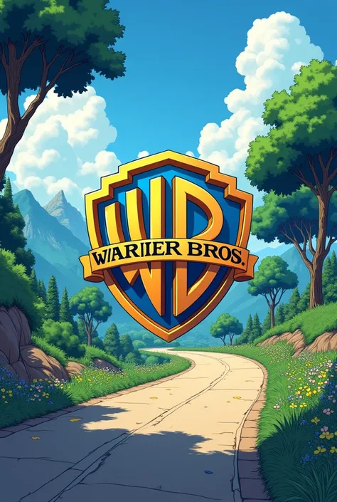 Anime drawing of the Warner Bros logo and a road in the middle