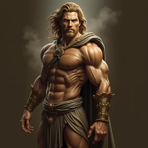 Hercules demigod son of Zeus, detailed muscular anatomy, hyperrealistic, ultra-detailed, chiaroscuro lighting, dramatic pose, 8K, cinematic composition, photorealistic, epic fantasy art, golden hour lighting, dramatic shadows, hyper-realistic skin textures...