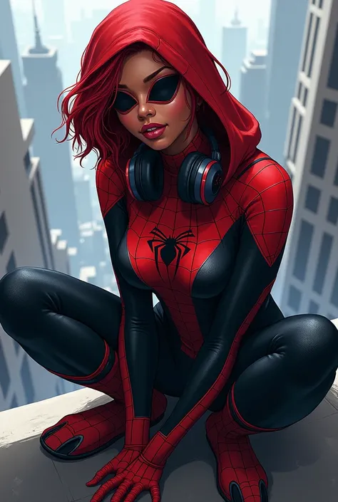  short red hair in spiderman outfit, Spider-Man&#39;s costume is black and red, He has a hood and she wears a mask that only covers her eyes, She has headphones resting on her neck and her skin is dark, Hair is wavy, she is 18, wears light blue ALL Star sn...