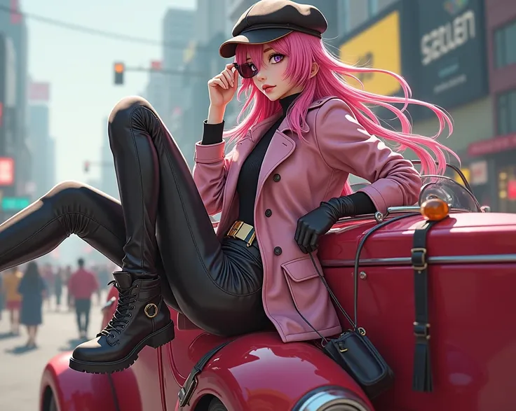 4k, realistic, high detailed, super eyes detailed, fashion clothes, pink trenchcoat, french beret, black pants with belt, long hair, in the city,  pink hair, purple eyes, yae miko, wearing trendy sunglasses,