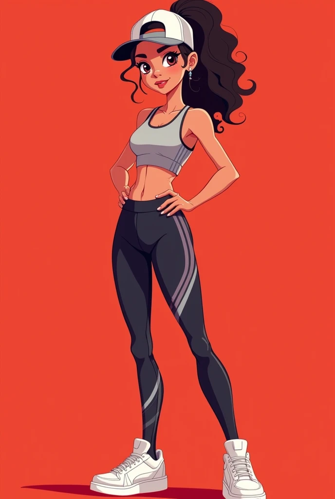 "Generate a full-body cartoon girl with light brown skin in a trendy sports jersey and leggings. Include a cap and stylish sneakers. The clear red background should highlight the sporty and modern appearance."