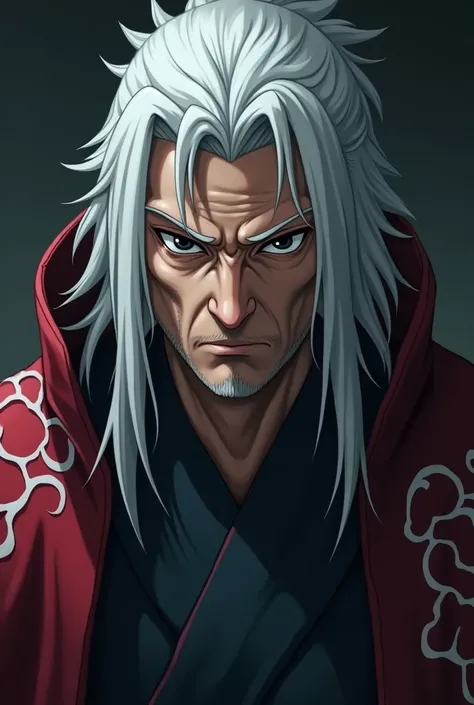 a breathtaking portrait of Jiraiya, the legendary ninja from the naruto universe, wearing the iconic Akatsuki robe, 1oldman, detailed facial features, black eyes, chiseled jawline, intense gaze, white hair, Akatsuki robe with red cloud pattern, highly deta...