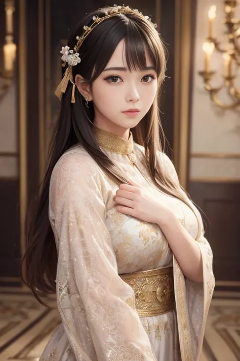 ((anime, UHD, masterpiece, accurate, anatomically correct, textured skin, super detail, high details, award winning, best quality, 8k)), Elegant and ethereal scene featuring a woman with intricate hair adorned with flowers and accessories. She is dressed i...