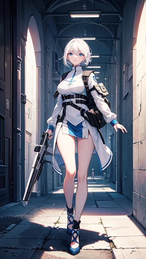 a beautiful young girl with medium sized breasts, white hair, carry a backpack,cinematic lighting, photorealestic, extremely detail, 8k, High resolution, best quality, ​masterpiece，Holding a weapon，blue eyes，Sci-Fi-Stil, skimpy clothes, full body picture