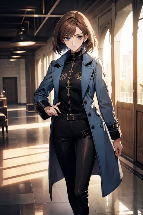 (Confused, High resolution, Very detailed), 1 female, Brown Hair,Bob Hair,Light blue eyes,Black and blue outfit,29th generation,beauty,mature,thin,quiet,Small smile,coat,Slender and thin,boots,skinny pants,lobby,Small breasts,
