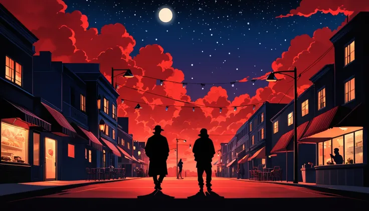 silhouette, rapper, foodie, night, street lamps, stars, blue and red clouds, mysterious, film noir.