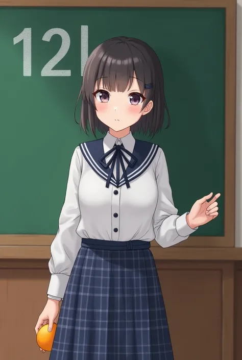 girl wearing school uniform ( White shirt, dark blue border, blue and white plaid knee length dress and blue and white plaid tie, white collar with dark blue plaid trim) no jacket, stand in the classroom and stand a little far from the board. The board say...