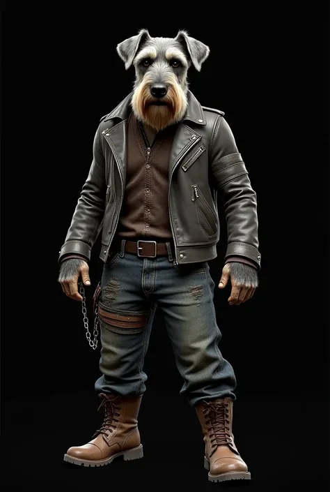 Realistic Schnauzer Dog , with black background, with rock style, jeans and leather jacket, coffee boots. Chain on his pants.