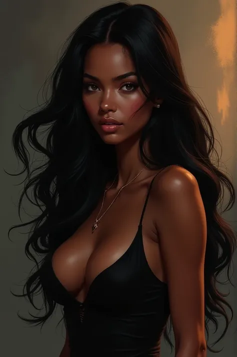 A sexy and attractive heroine, blackness skin color, hair long black.