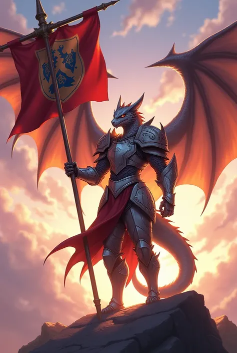 Dawn paladin human dragonoid holding a medevil flag anime