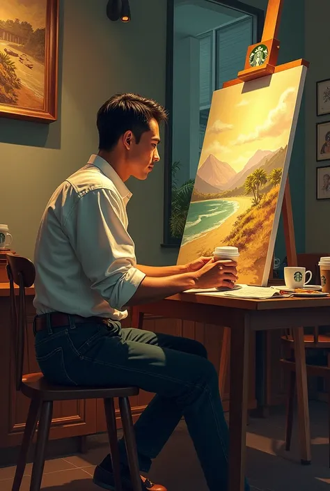 Jose rizal becoming a paintor in 2024 wearing a comfy clothes inside Starbucks 