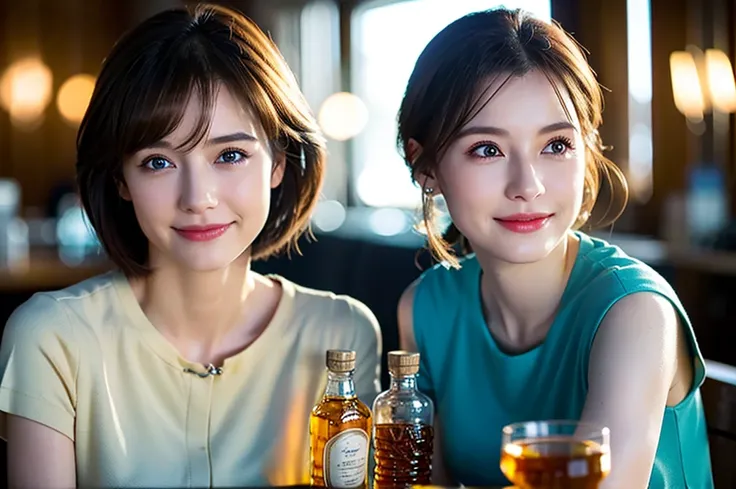 (Realistic, 超Realistic:1.4), 16k hdr, High resolution,Brown short hair,The best smile、Japanese actress,Super Beauty(Like the real thing),Short sleeve dress,Whiskey bottles、The Macallan、Johnnie Walker、、Old Parr、whiskey、Suntory、Nikka、Slim Couple、Model Couple...