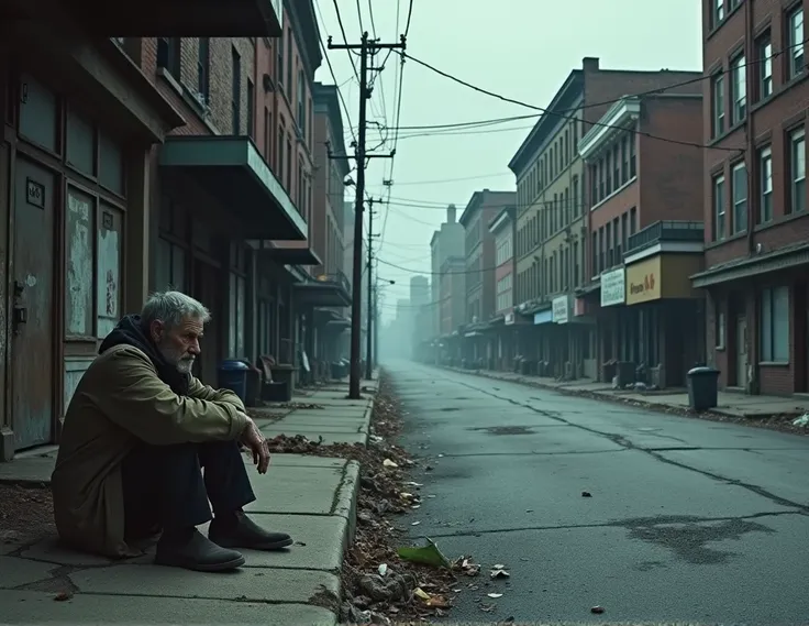 An abandoned, desolate street in Baltimore with homeless people on the sidewalk, dark atmosphere, cloudy sky