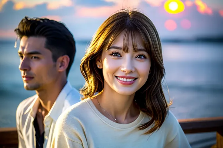 (Realistic, 超Realistic:1.4), 16k hdr, High resolution,Brown short hair,Happy Smile、The best smile、Lovers、Model Couple、Japanese actress,Super Beauty(Like the real thing),Short sleeve dress,Whiskey bottles、The Macallan、Johnnie Walker、、Old Parr、whiskey、Suntor...