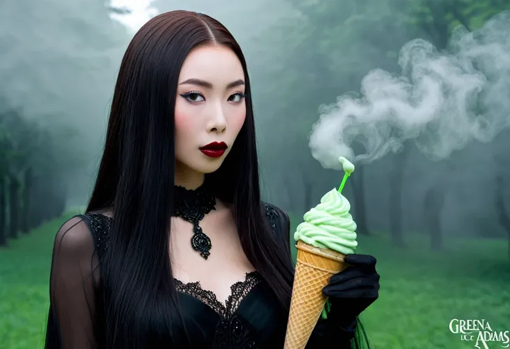 cute yuna (age 25, in the role of Morticia Adams), sleek, dak, elegant, is bringing the viewer an evil treat (green ice cream, monkey skull on top, trailing a misty fog) classy presentation, sultry
