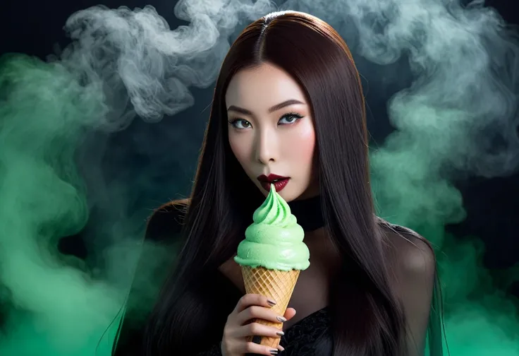 cute yuna (age 25, in the role of Morticia Adams), sleek, dak, elegant, is bringing the viewer an evil treat (green ice cream, monkey skull on top, trailing a misty fog) classy presentation, sultry
