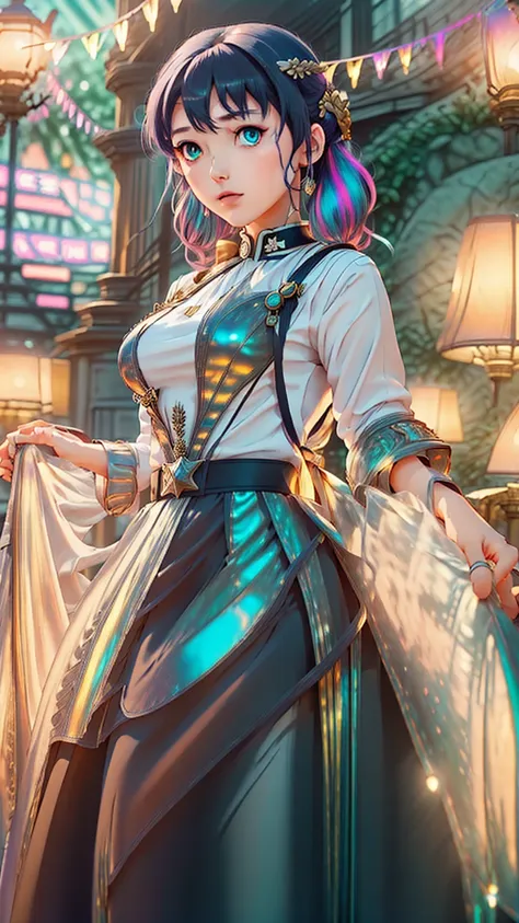 ((live 2D))  masterpiece, 1girl, full body, stands straight, steampunk clothes, military clothing, looking at viewer, detailed face, girl with green wavy hair, bangs, metal sheep horns, gradient hair, multicolored hair, light green hair, turquoise hair tip...