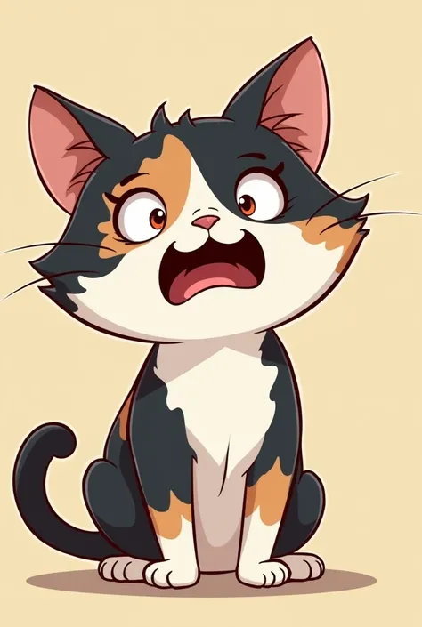 Calico cat with black, white and pale brown colors scared in a cartoon 