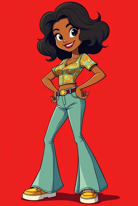 Create a cartoonish full-body from head to feet girl with olive skin dressed in a stylish retro 70s outfit. Include flared pants, a patterned blouse, and platform shoes. The clear red background should accentuate the vintage style."