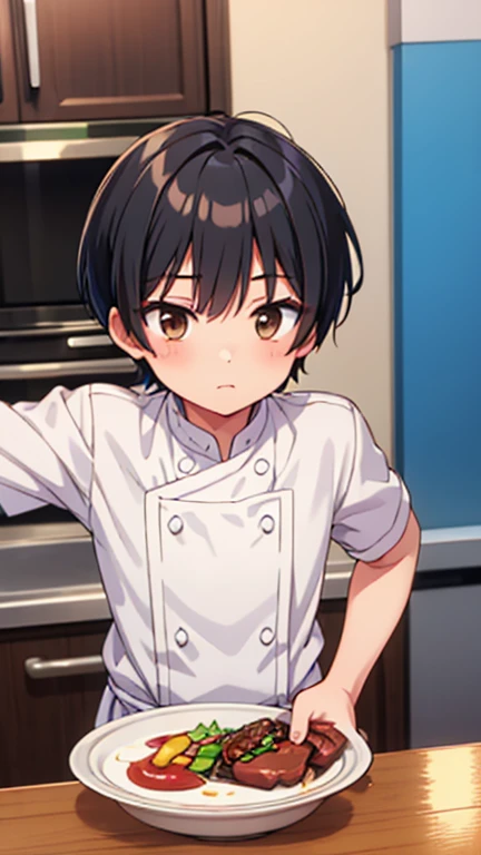 one boy,Black hair,short cut,brown eyes,Chef&#39;s Top,Chef&#39;s Bottoms,Chef&#39;s uniform,white socks,Blue sneakers